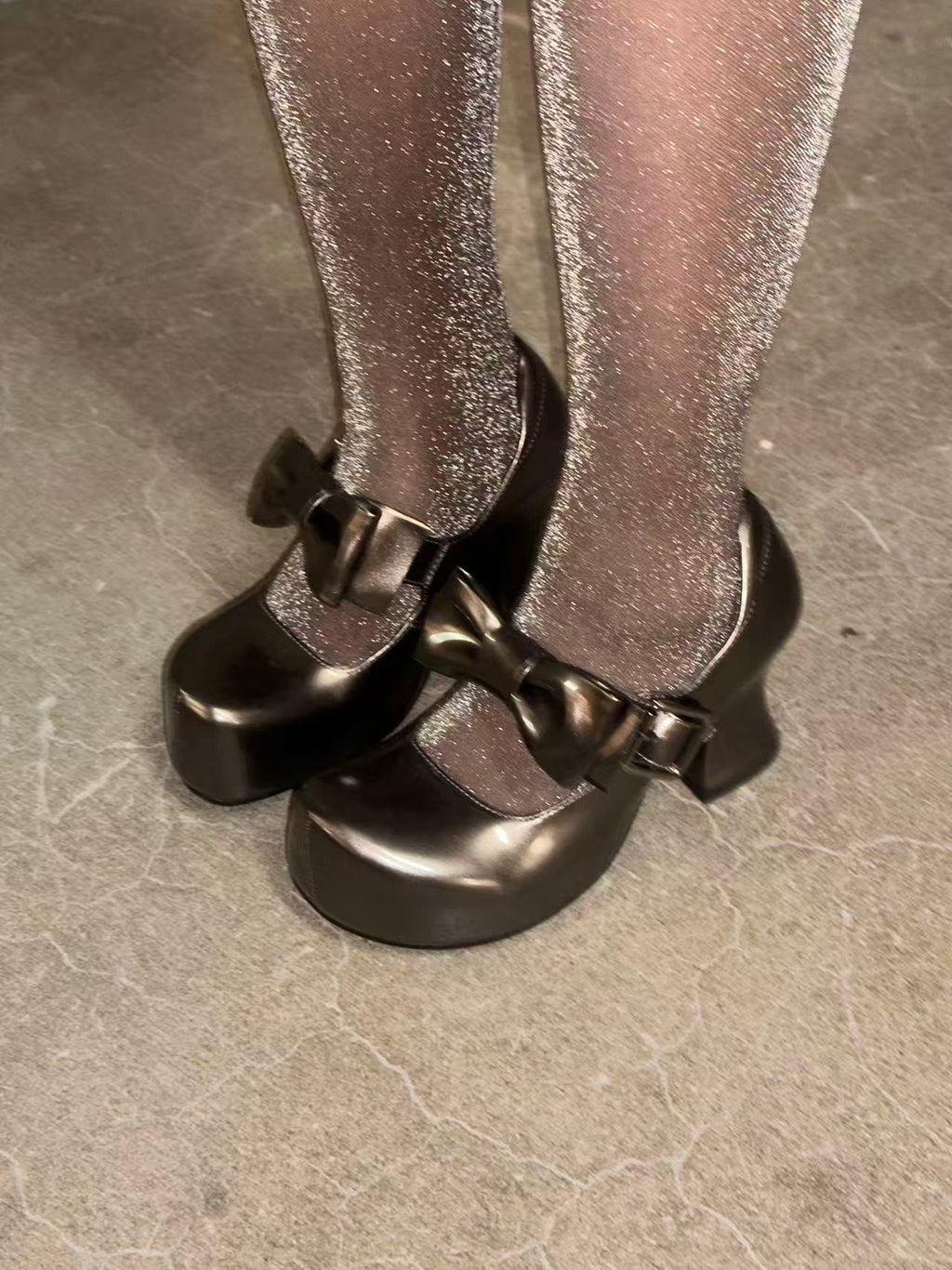 UBORYA Metallic Taupe Dark Academia Mary Jane Platform Heels, Oversized Bow & Buckle Square Toe