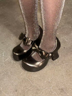 UBORYA Metallic Taupe Dark Academia Mary Jane Platform Heels, Oversized Bow & Buckle Square Toe