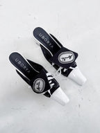 UBORYA Black White Canvas Leather Mule Heels Lace Up Square Toe Block Heel