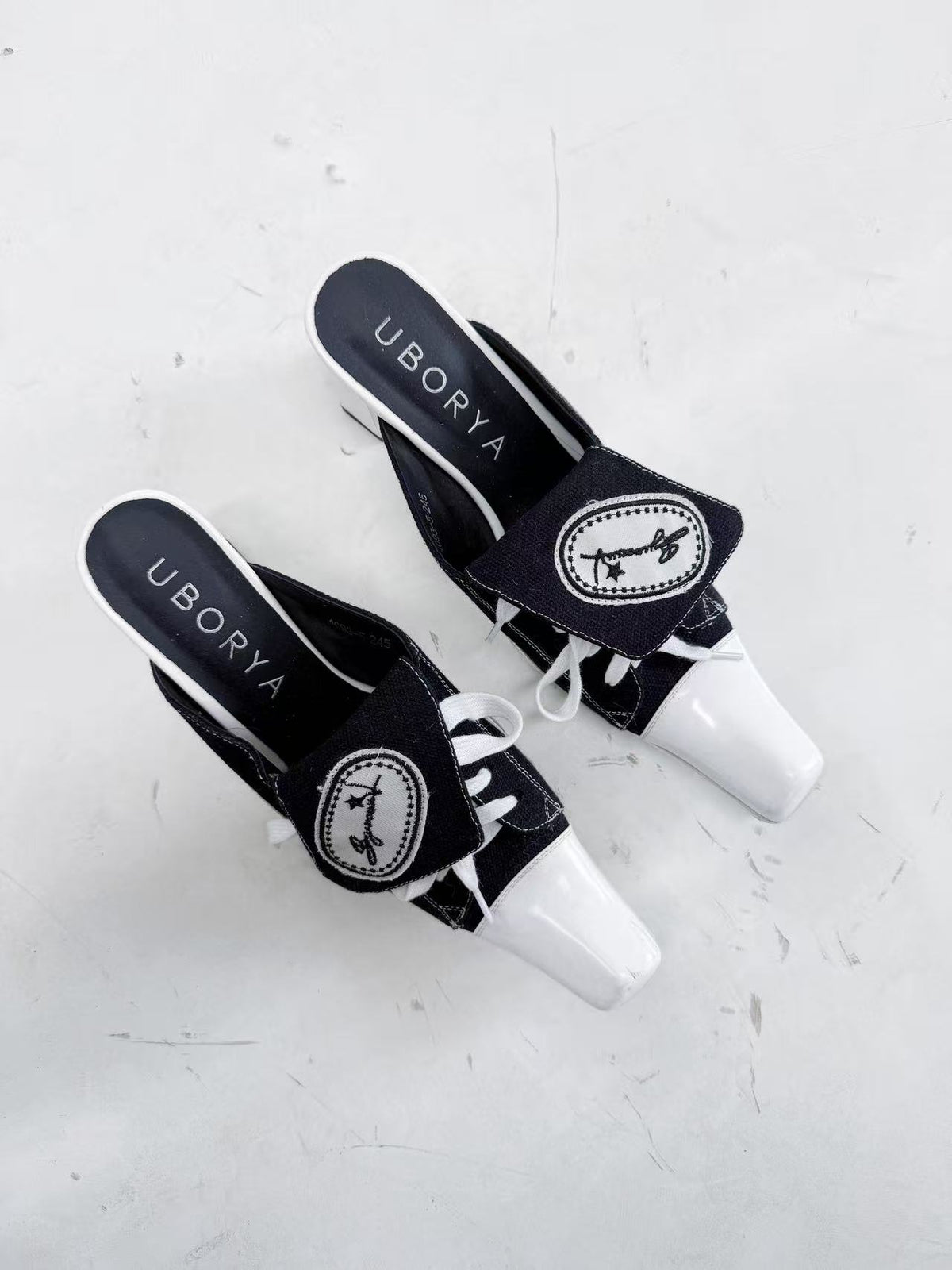 UBORYA Black White Canvas Leather Mule Heels Lace Up Square Toe Block Heel