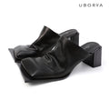 UBORYA Black Draped Leather Minimalist Mules 7cm Block Heel