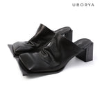 UBORYA Black Draped Leather Minimalist Mules 7cm Block Heel