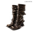 UBORYA Dark Brown Avant‑Garde Knee‑High Boots Gothic 7cm Geometric Heel Buckle Stud Strap