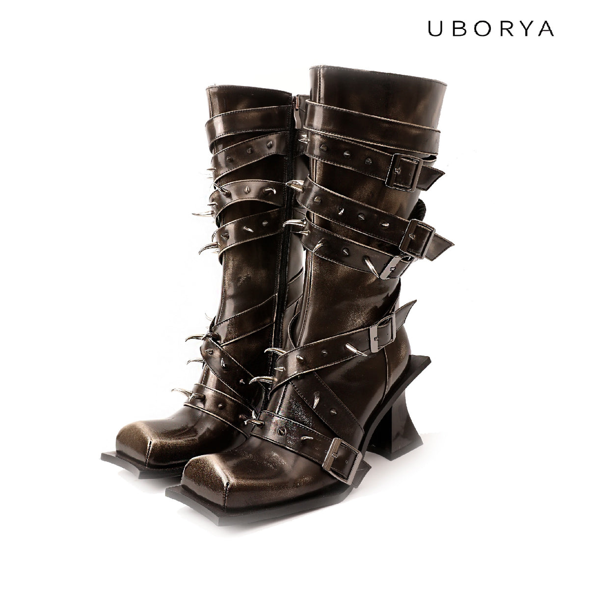 UBORYA Dark Brown Avant‑Garde Knee‑High Boots Gothic 7cm Geometric Heel Buckle Stud Strap