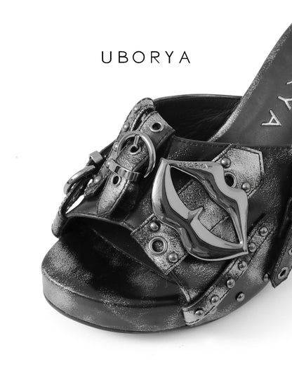 UBORYA Distressed Black Platform Mule Heels - Lip Buckle Stud Detail Peep Toe Sculptural Heel Slides