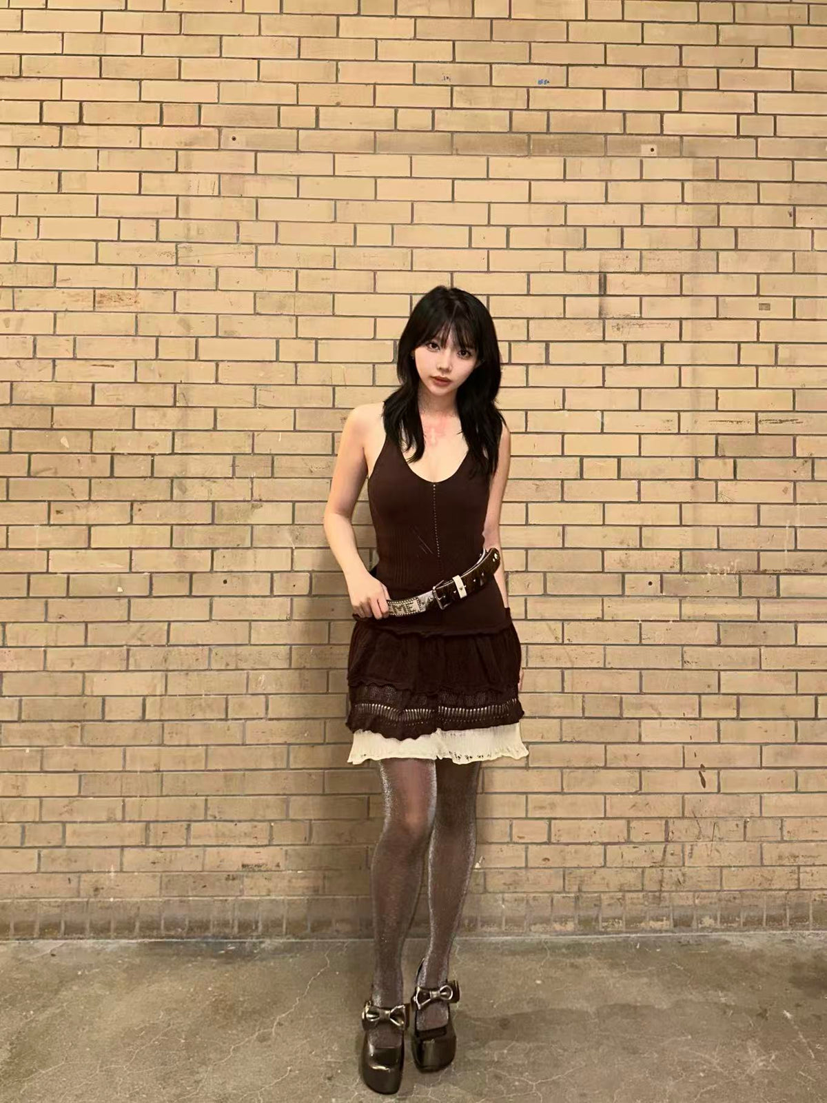 UBORYA Metallic Taupe Dark Academia Mary Jane Platform Heels, Oversized Bow & Buckle Square Toe