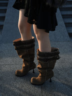 UBORYA Brown Suede Slouchy Knee-High Boots with Buckle Cuff