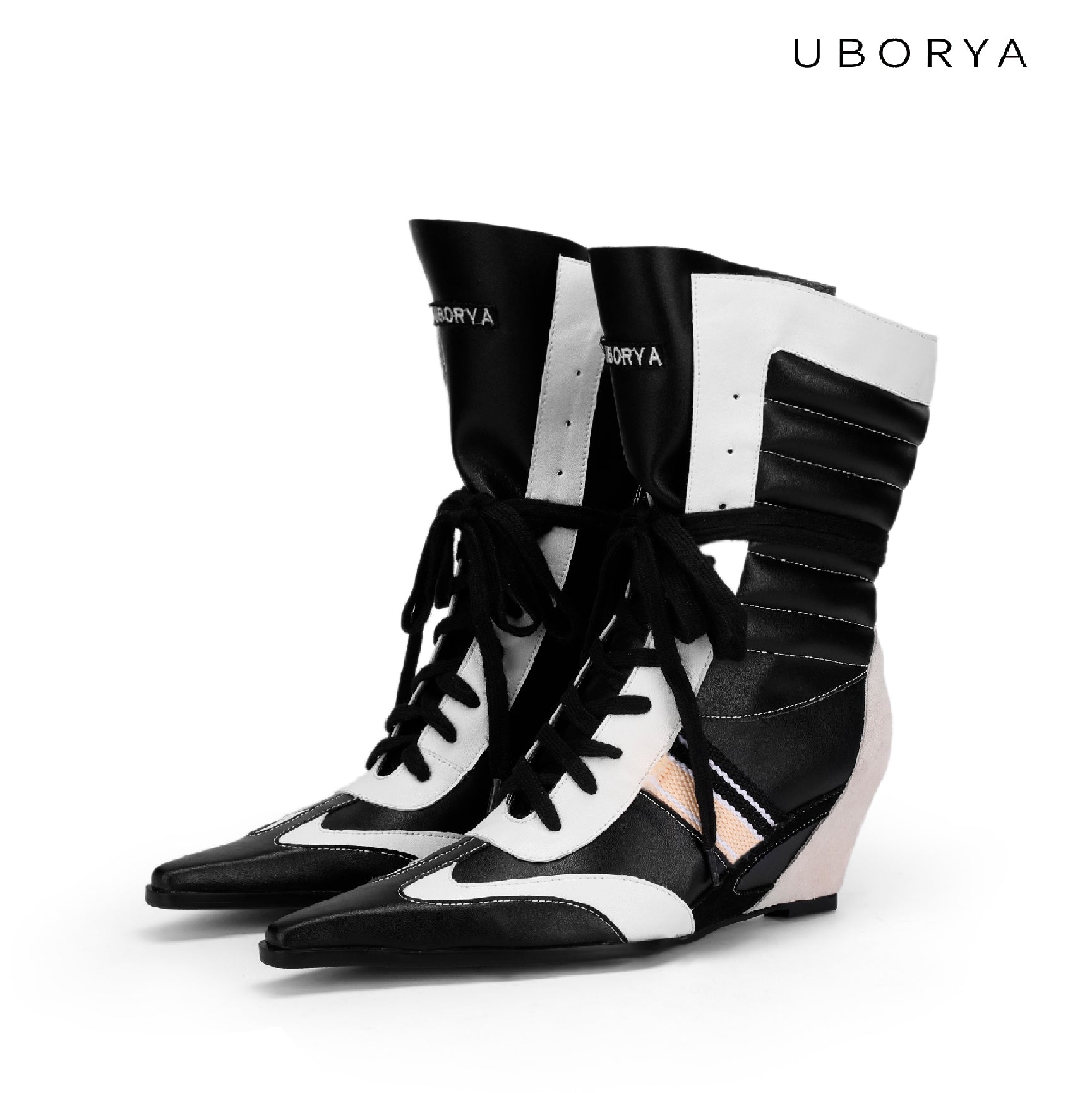 UBORYA Black White Boxing Boot Wedge Heels Pointed Toe Lace Up Mid Calf Boots