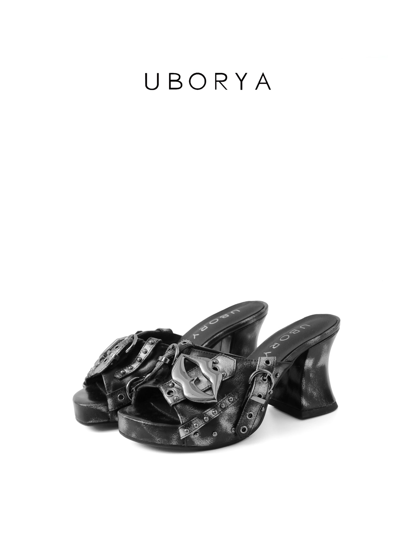 UBORYA Distressed Black Platform Mule Heels - Lip Buckle Stud Detail Peep Toe Sculptural Heel Slides