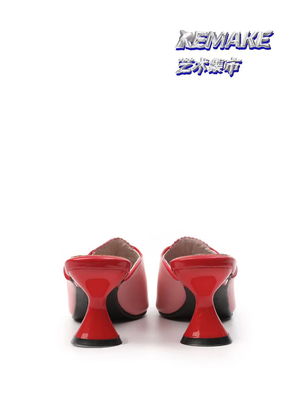 UBORYA Pink Red Two Tone Patent Leather Mules Bow Detail Pointed Toe Sculptural Heel