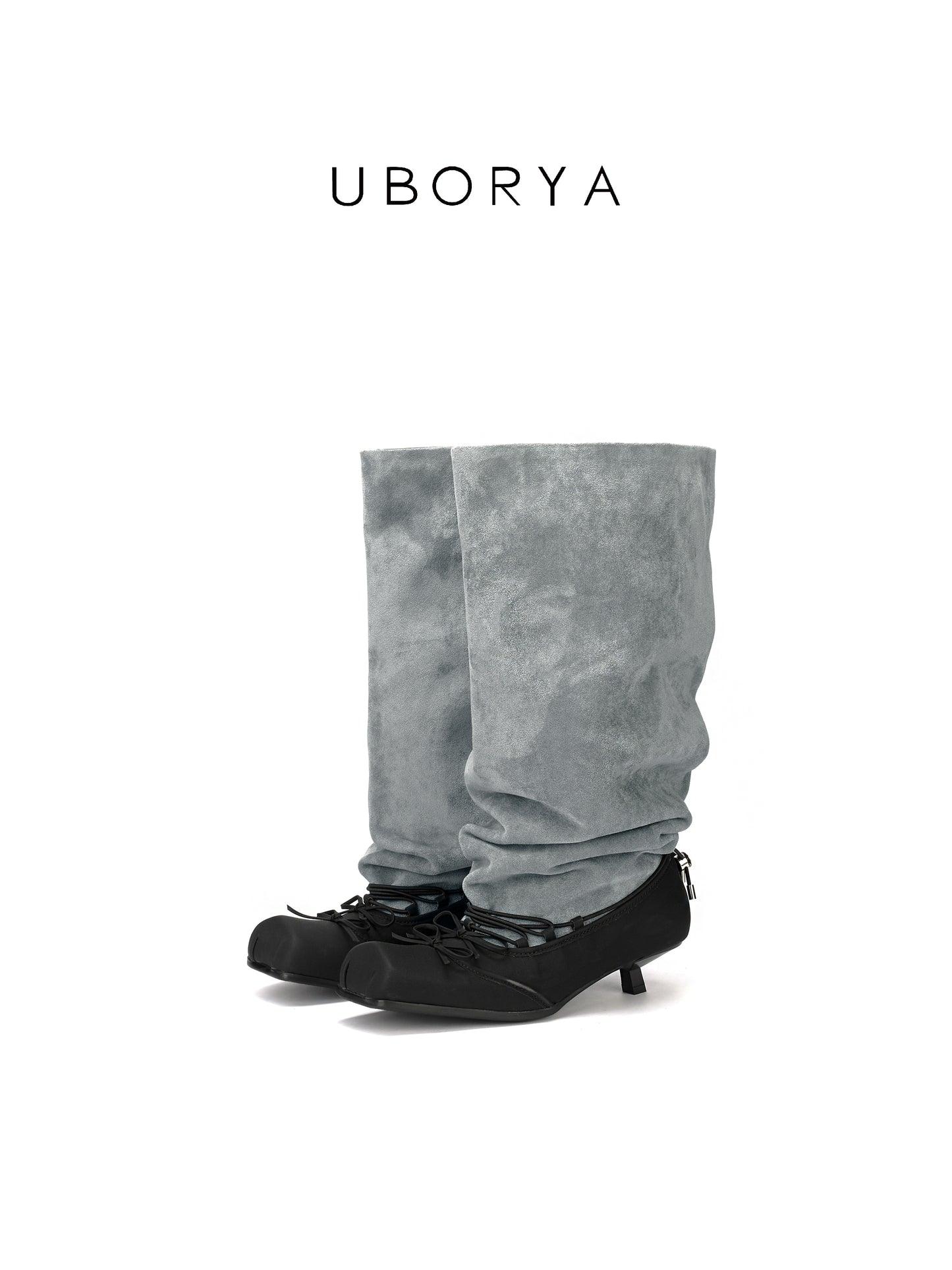 UBORYA Grey Suede Slouchy Knee-High Boots with Bows – Black Ballet Toe Cap Kitten Heel Boots for Women | Ruched Shaft | Side Zipper | Avant-Garde Booties
