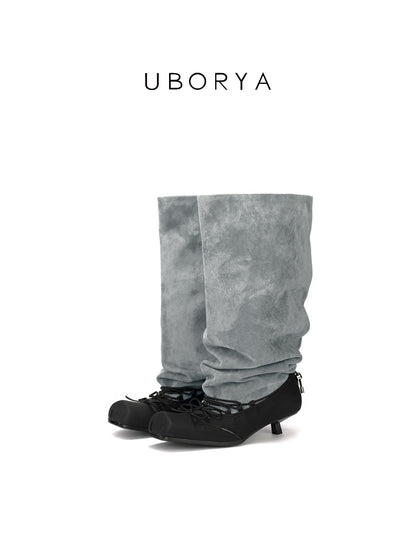 UBORYA Grey Suede Slouchy Knee-High Boots with Bows – Black Ballet Toe Cap Kitten Heel Boots for Women | Ruched Shaft | Side Zipper | Avant-Garde Booties