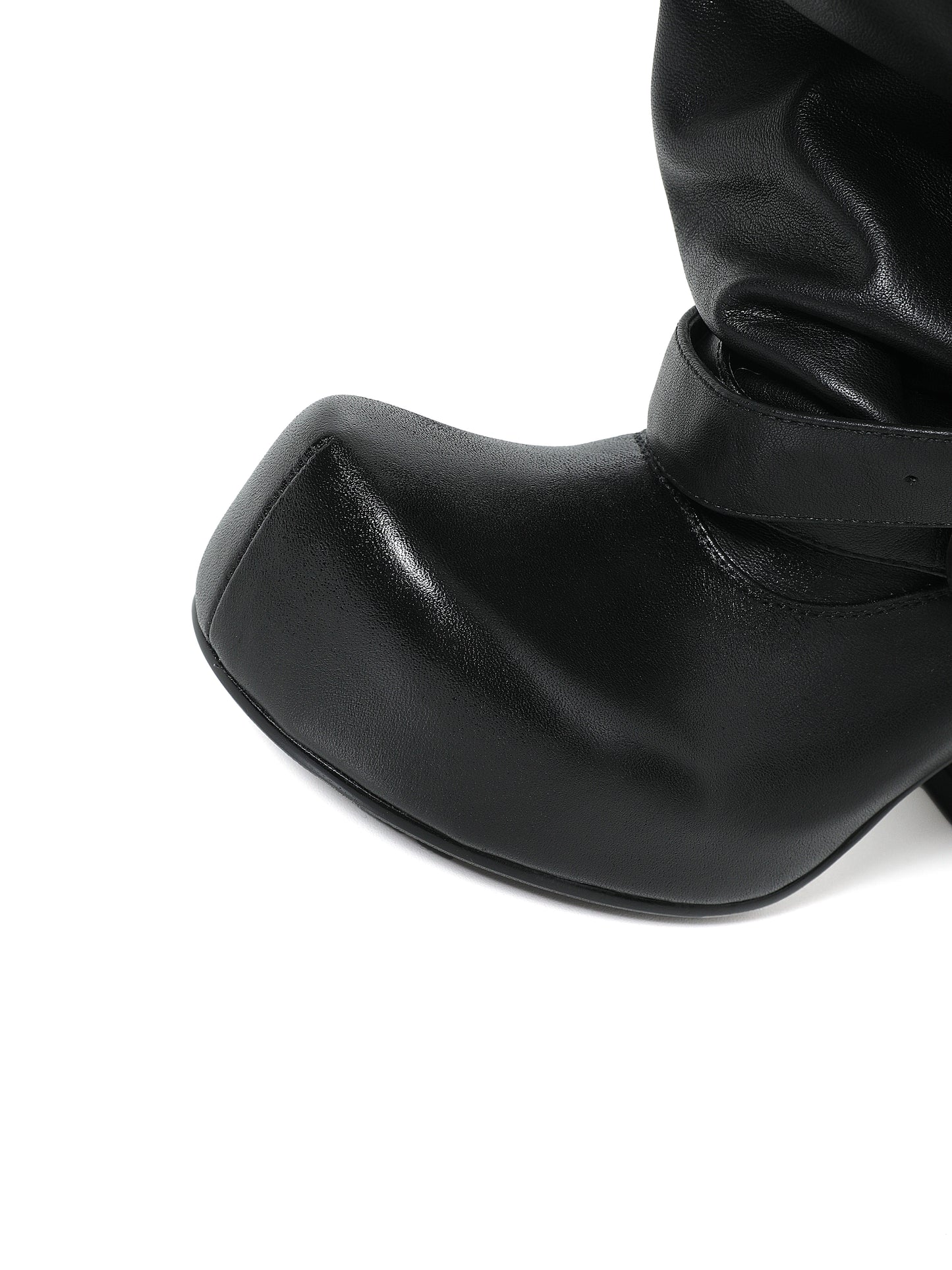 UBORYA Black Slouchy Ankle Boots with Buckle Straps – Sculptural Chunky Heel Platform Boots for Women | Square Toe | Ruched Shaft | Punk Avant-Garde Booties
