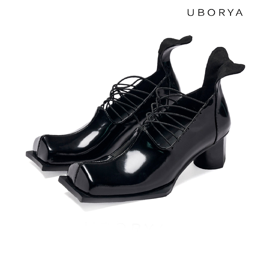 UBORYA Black Patent Leather Lace Up Pumps Angular Square Toe Block Heel Shoes