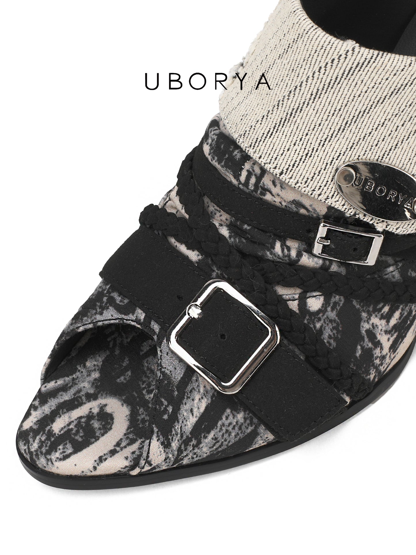 UBORYA Abstract Print Slingback Peep-Toe Shoes with Braided Straps & Silver Buckles – Low Wedge Heel Pumps for Women | Avant-Garde Cuff Sandals | Artistic Utility Footwear