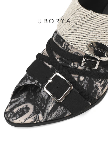 UBORYA Abstract Print Slingback Peep-Toe Shoes with Braided Straps & Silver Buckles – Low Wedge Heel Pumps for Women | Avant-Garde Cuff Sandals | Artistic Utility Footwear
