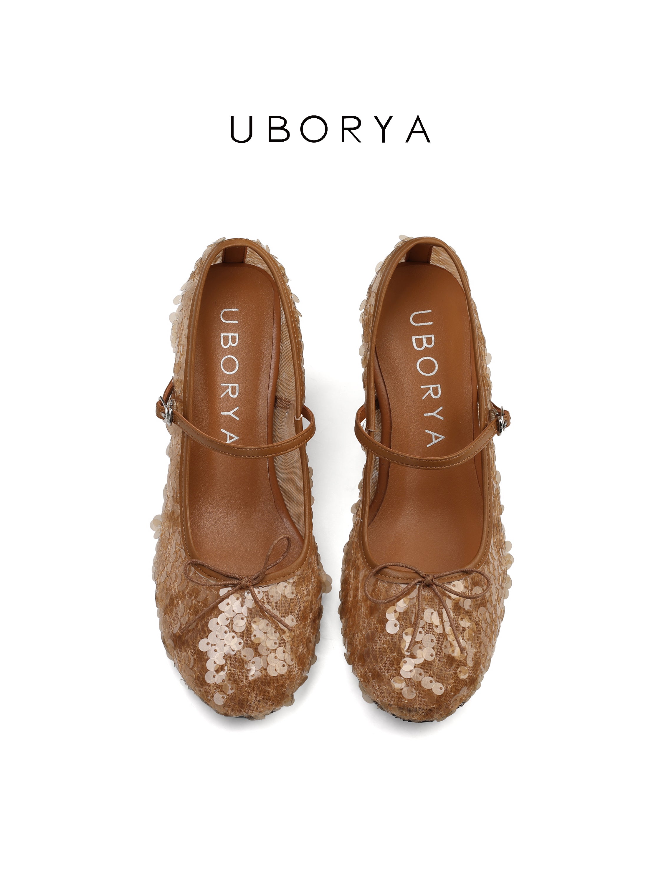 UBORYA Brown Sequin Lace Mary Jane Shoes