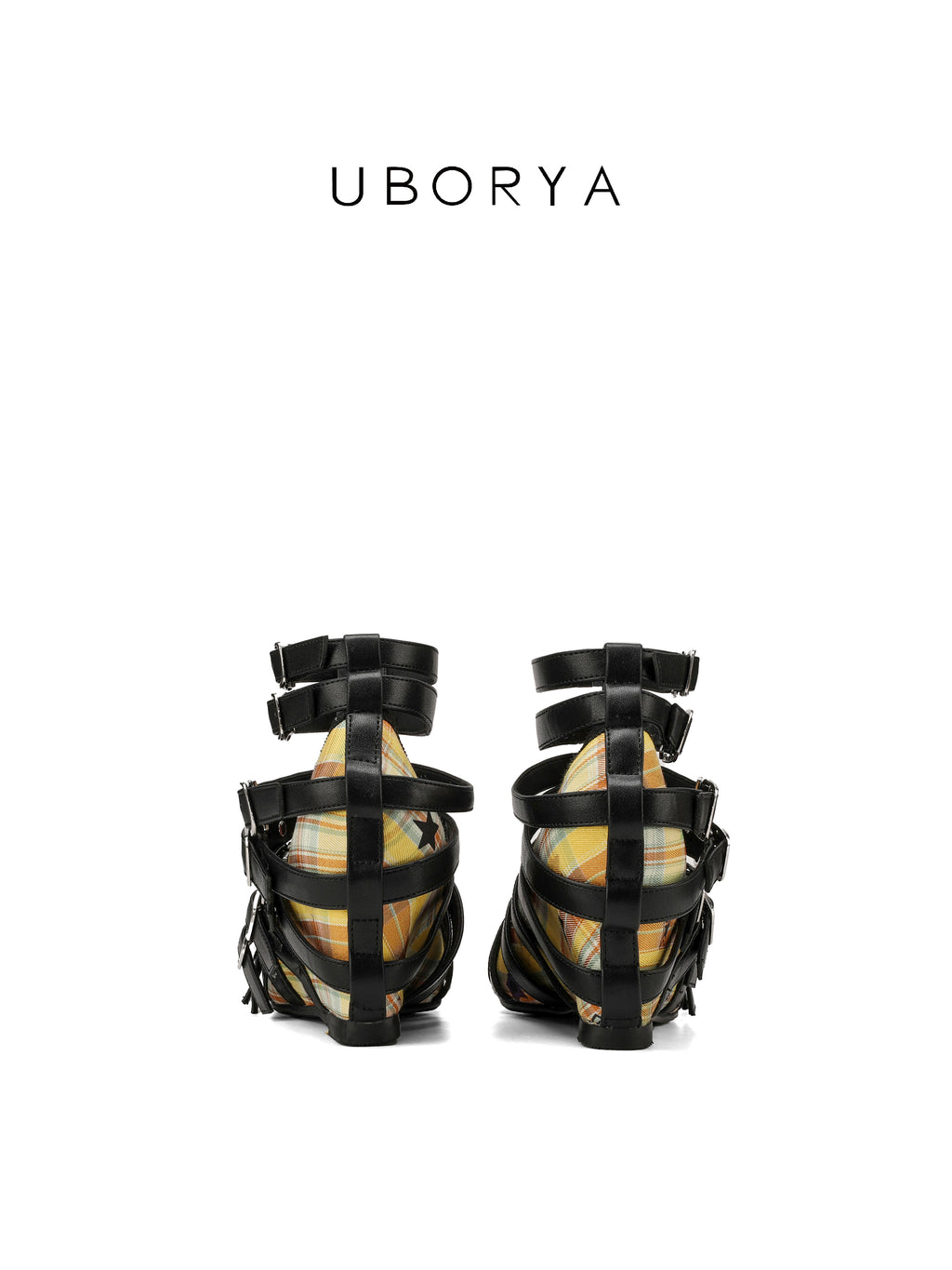 UBORYA Yellow Plaid Multi-Strap Gladiator Shoes with Silver Buckles