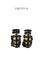 UBORYA Yellow Plaid Multi-Strap Gladiator Shoes with Silver Buckles