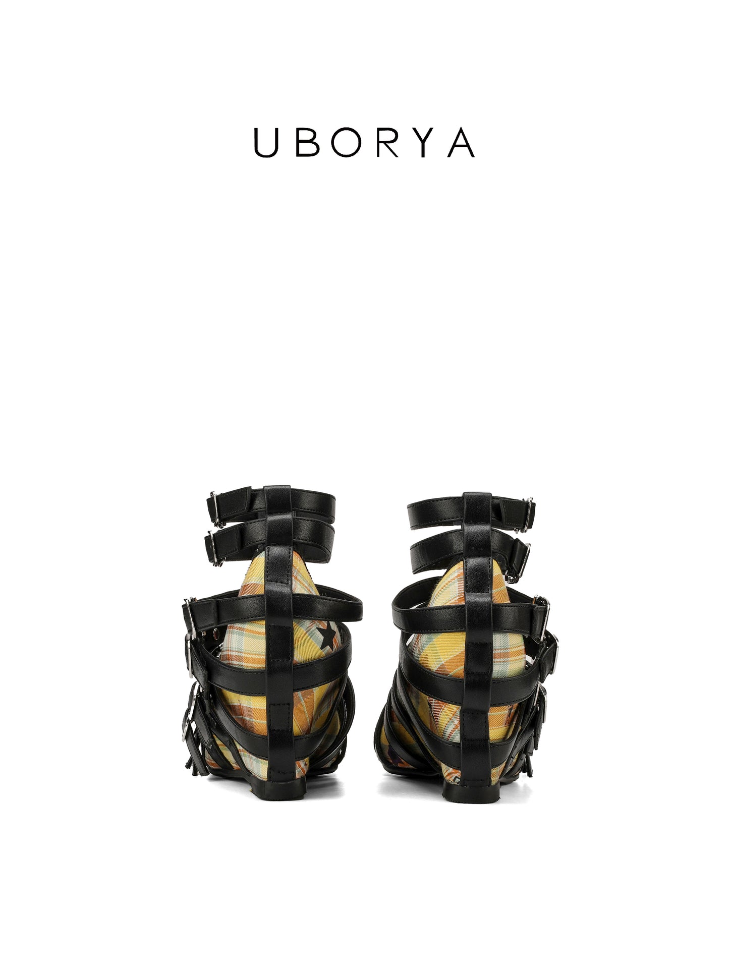 UBORYA Yellow Plaid Gladiator Shoes with Multi-Strap Black Harness – Silver Buckle Studded Punk Prep Footwear for Women | Star Accents | Square Toe