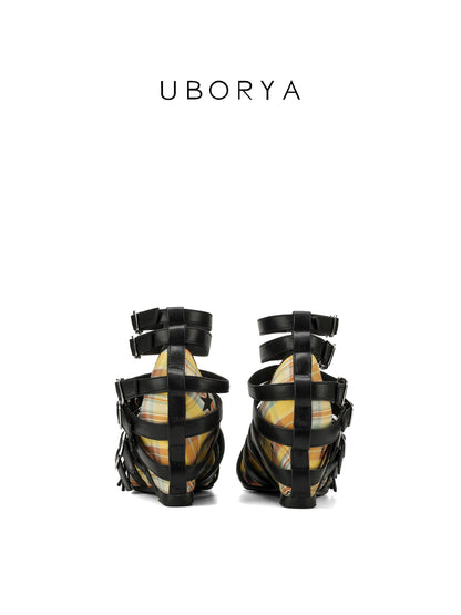 UBORYA Yellow Plaid Gladiator Shoes with Multi-Strap Black Harness – Silver Buckle Studded Punk Prep Footwear for Women | Star Accents | Square Toe