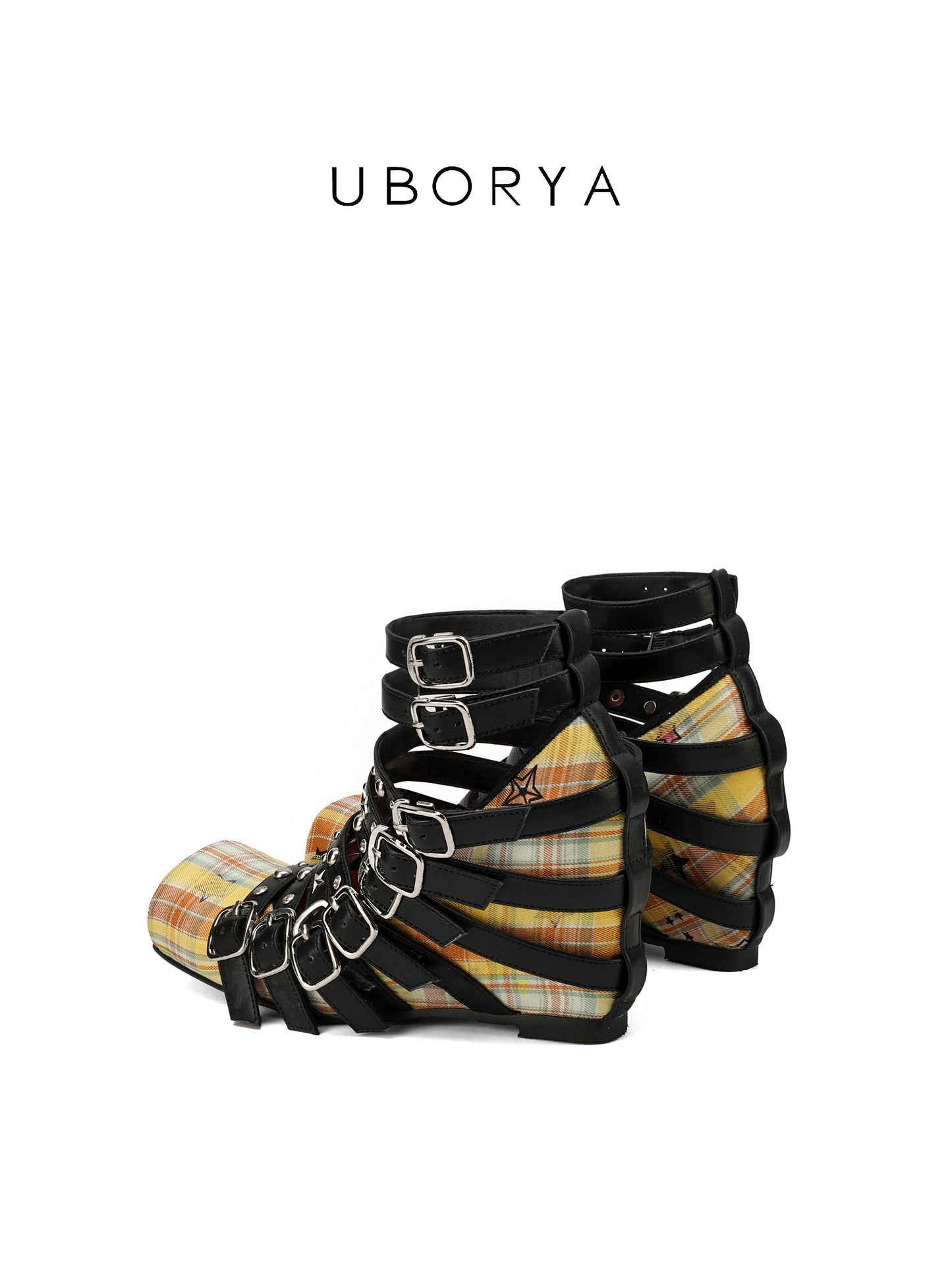 UBORYA Yellow Plaid Gladiator Shoes with Multi-Strap Black Harness – Silver Buckle Studded Punk Prep Footwear for Women | Star Accents | Square Toe