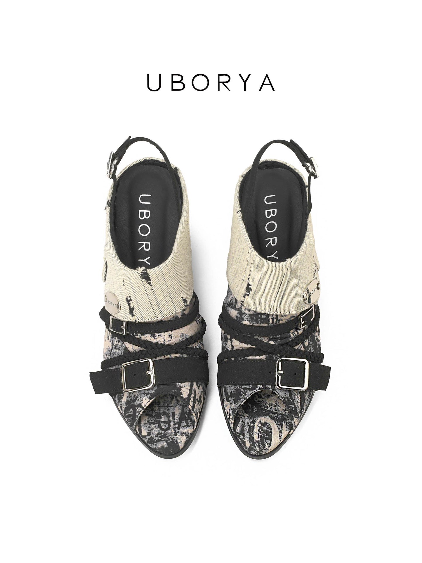UBORYA Abstract Print Slingback Peep-Toe Shoes with Braided Straps & Silver Buckles – Low Wedge Heel Pumps for Women | Avant-Garde Cuff Sandals | Artistic Utility Footwear