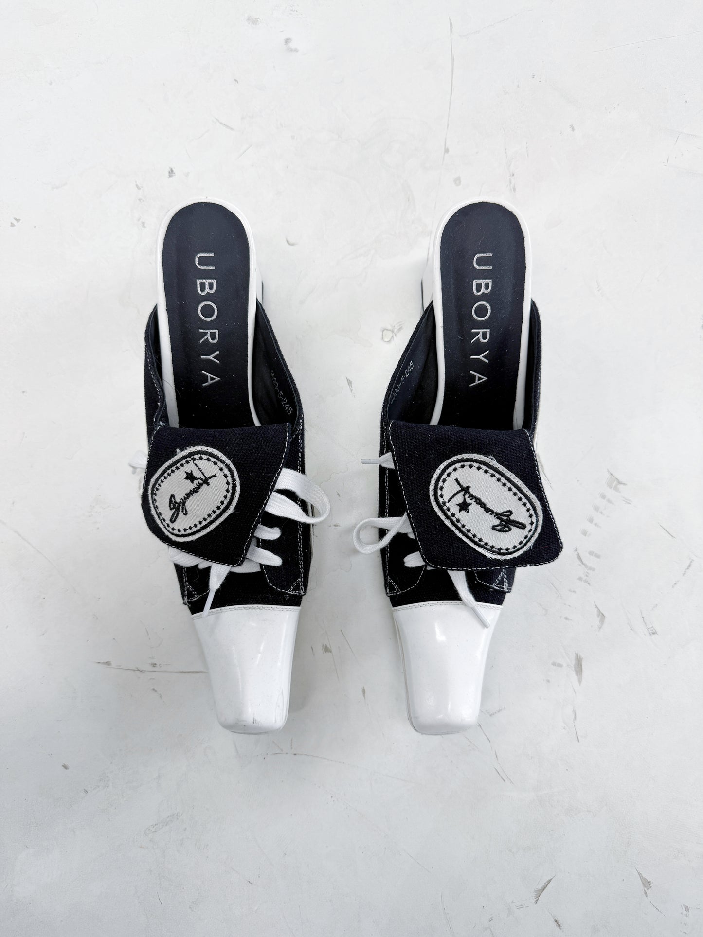 UBORYA Black White Canvas Leather Mule Heels - Lace-Up Square Toe Block Heel Sneaker Slides
