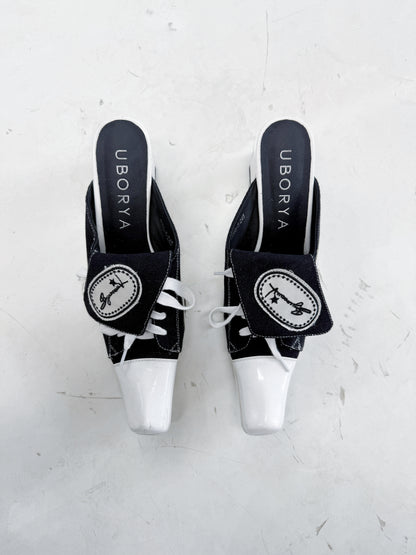 UBORYA Black White Canvas Leather Mule Heels - Lace-Up Square Toe Block Heel Sneaker Slides