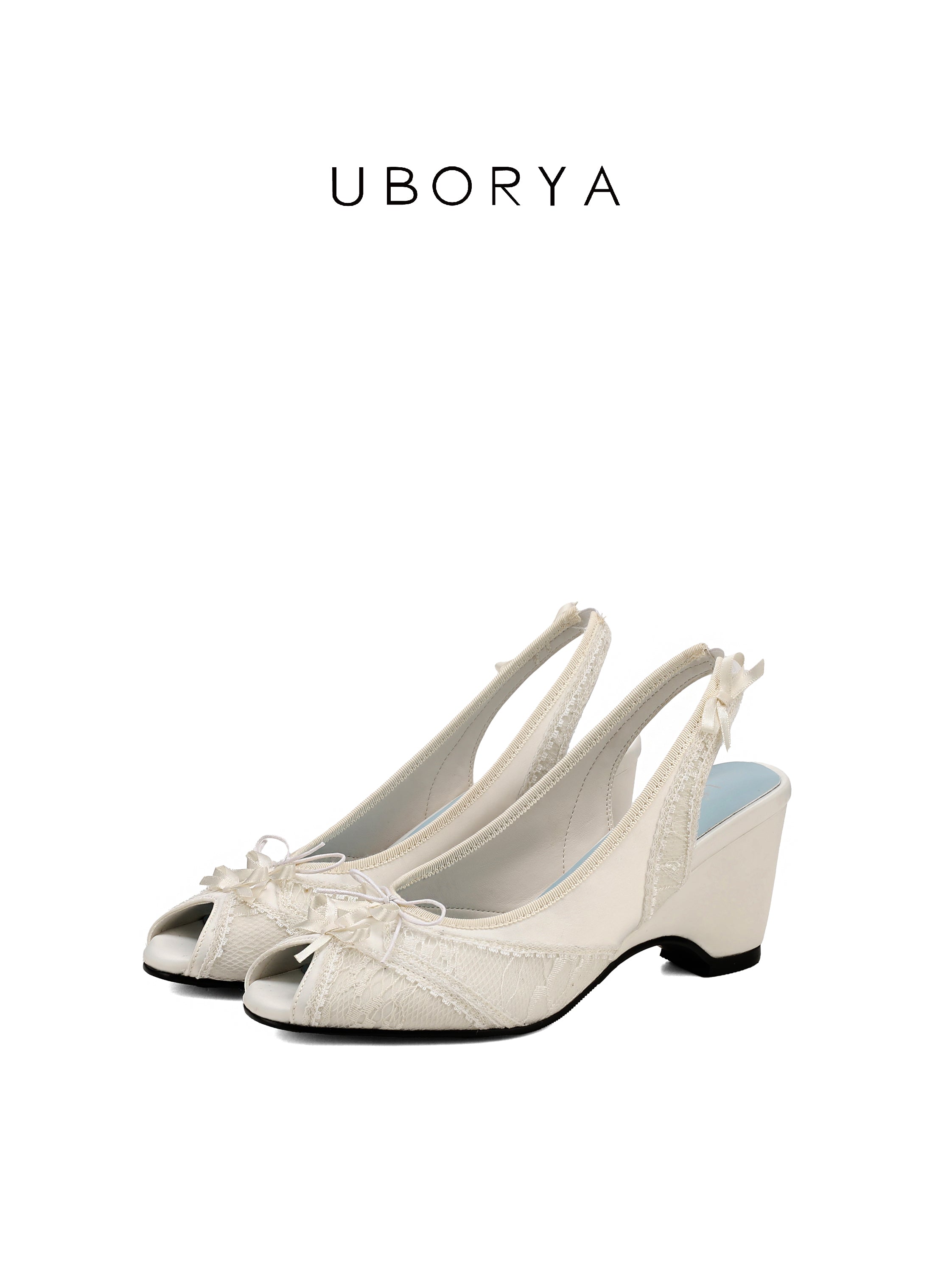 UBORYA Ivory Lace Slingback Peep-Toe Heels with Bow Details