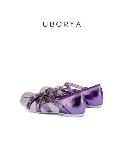UBORYA Metallic Purple Gradient Crisscross Ballet Flats - Star Stud Detail Round Toe Flat Shoes