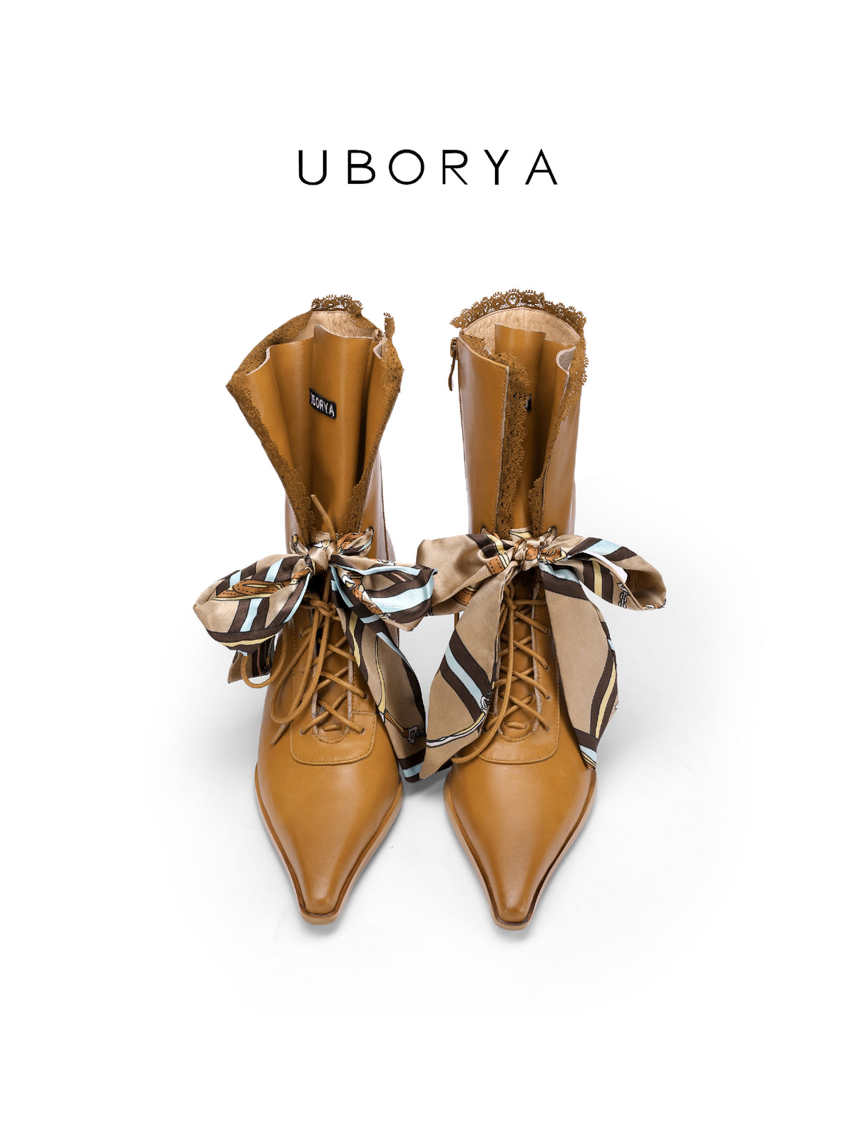 UBORYA Tan Leather Lace Up Wedge Boots Scarf Bow Pointed Toe Mid Calf Boots