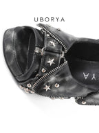 UBORYA Distressed Black Platform Slingback Heels with Star Studs