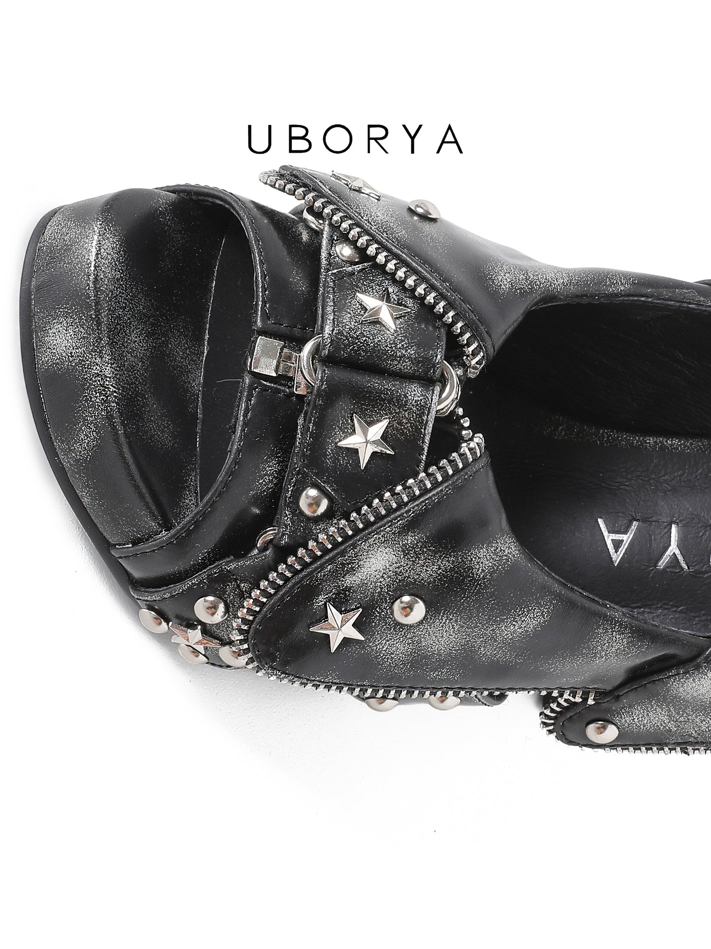UBORYA Distressed Black Platform Slingback Heels - Peep Toe Star Stud Zipper Detail Sculptural Heel Sandals