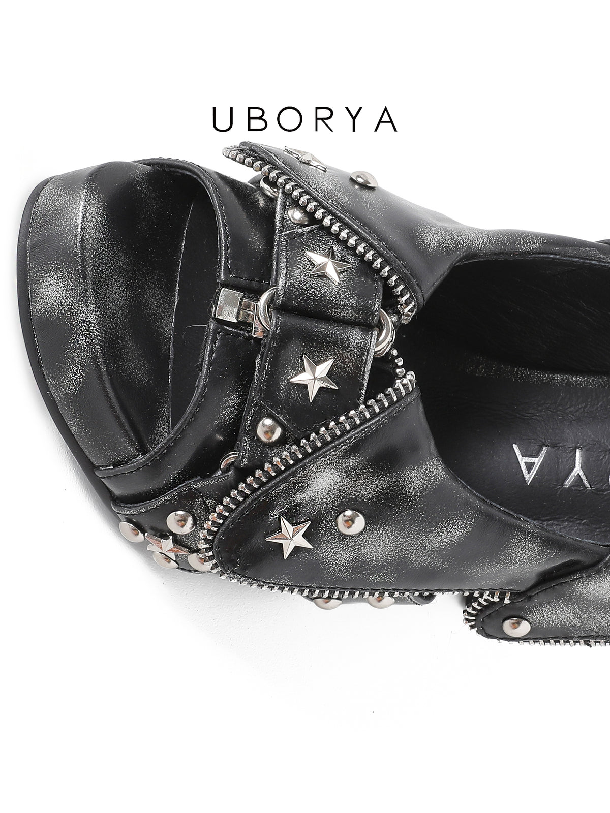 UBORYA Distressed Black Platform Slingback Heels with Star Studs
