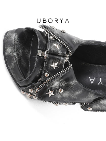 UBORYA Distressed Black Platform Slingback Heels - Peep Toe Star Stud Zipper Detail Sculptural Heel Sandals