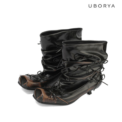 UBORYA Black Slouchy Ankle Boots with Bows – Distressed Square Toe Heeled Boots for Women | Ruched Shaft | Mini Bow Accents | Grunge Avant-Garde Booties