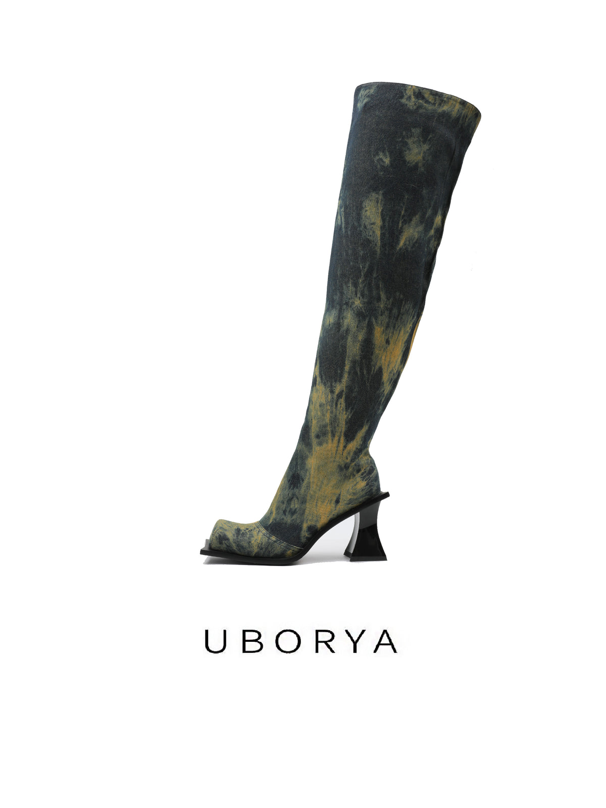 UBORYA Black & Yellow Wash Artistic Knit Over‑The‑Knee Boots 8cm Block Heel