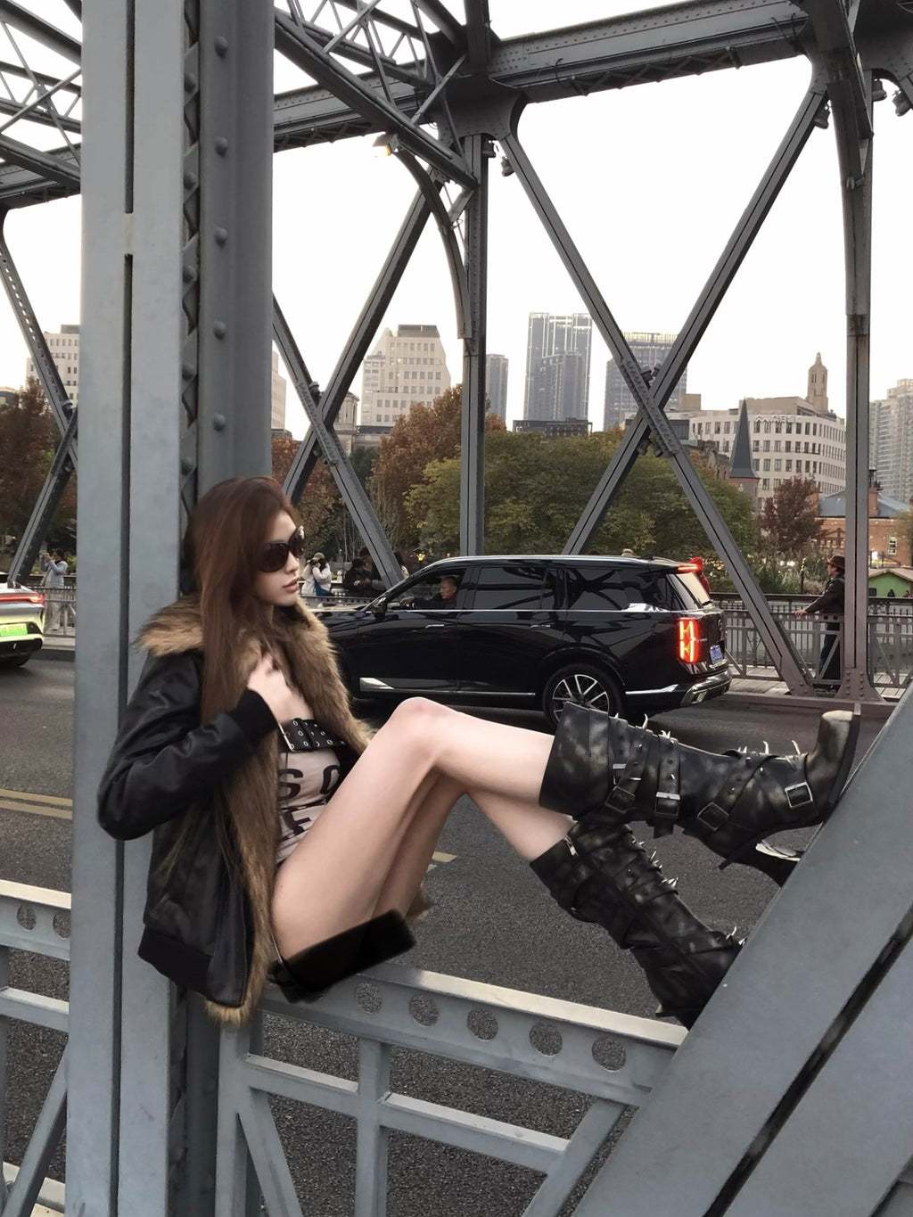 UBORYA Dark Brown Avant‑Garde Knee‑High Boots Gothic 7cm Geometric Heel Buckle Stud Strap