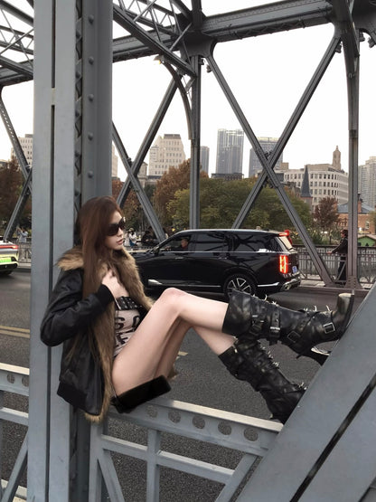 UBORYA Dark Brown Avant-Garde Knee-High Boots – Gothic Buckle & Stud Strap Combat Boots for Women | 7cm / 2.8in Geometric Heel | Metallic Bronze Leather | Edgy Statement Footwear