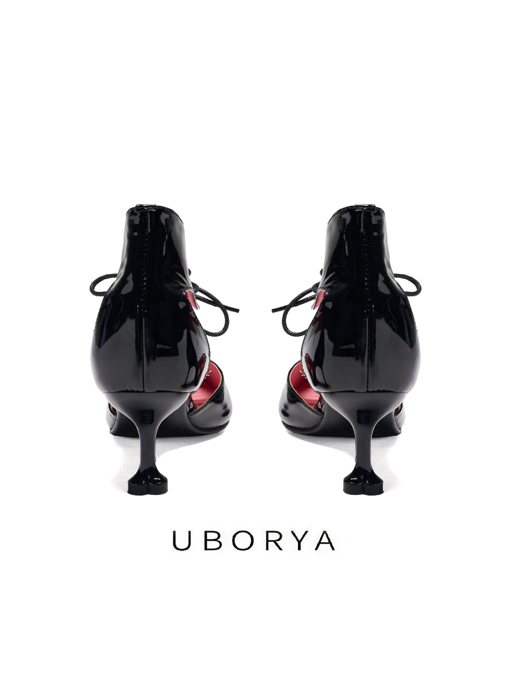UBORYA Black Patent Leather Heart Cut Out Kitten Heels Pointed Toe Pumps