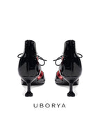 UBORYA Black Patent Leather Heart Cut Out Kitten Heels Pointed Toe Pumps