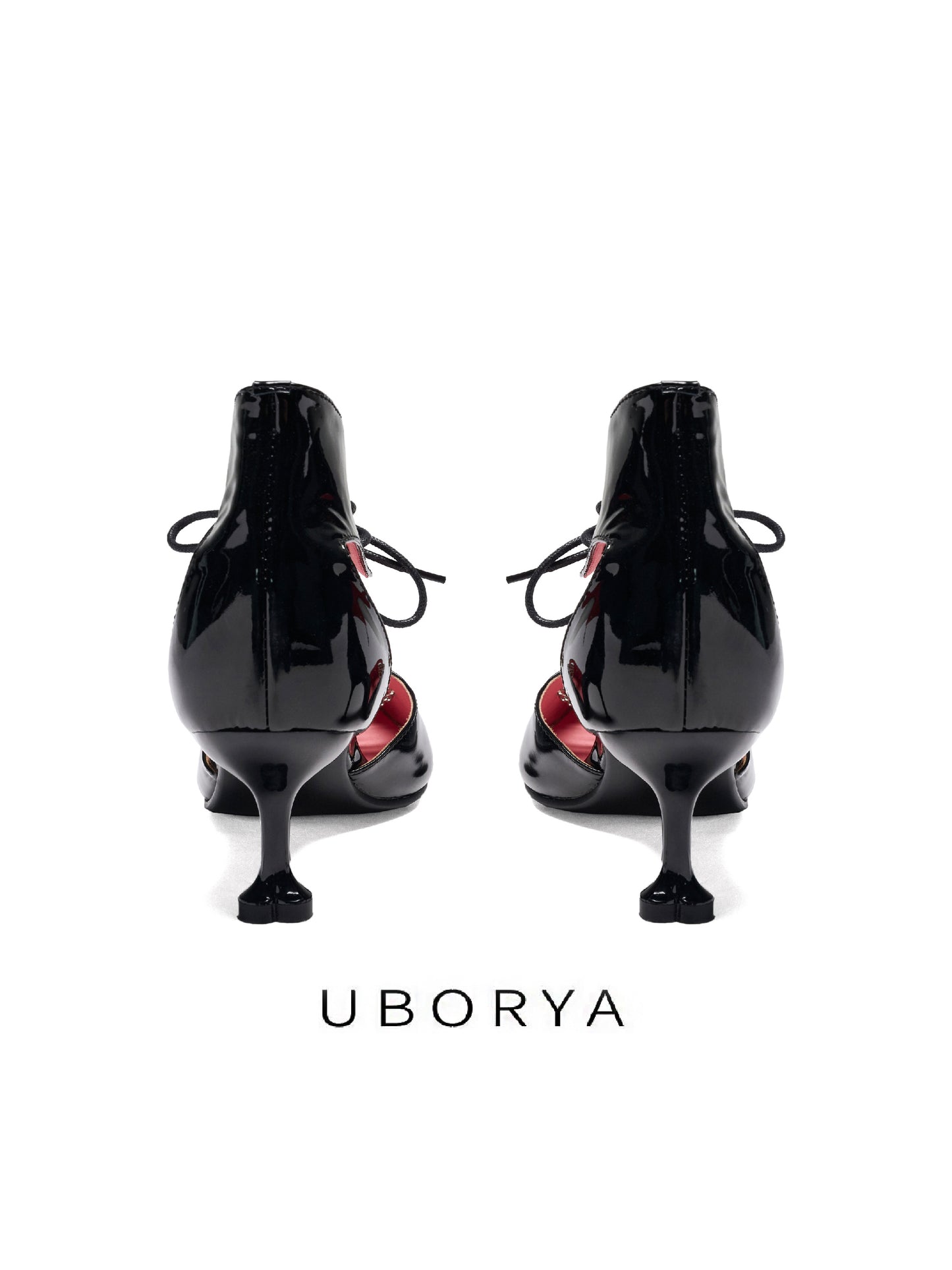UBORYA Black Patent Leather Heart Cut-Out Kitten Heels - Ankle Tie d'Orsay Pointed Toe Pumps