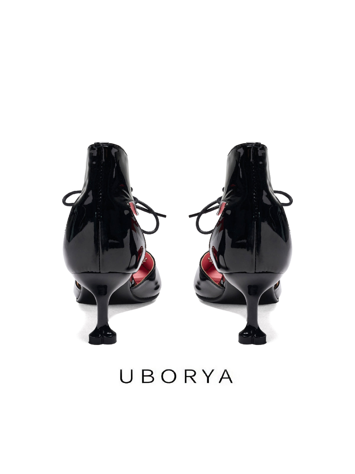 UBORYA Black Patent Leather Heart Cut Out Kitten Heels Pointed Toe Pumps
