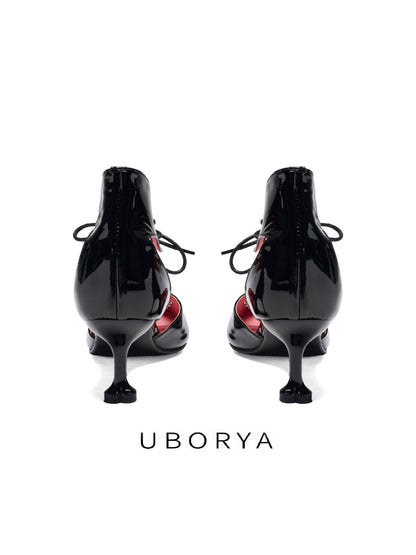 UBORYA Black Patent Leather Heart Cut-Out Kitten Heels - Ankle Tie d'Orsay Pointed Toe Pumps