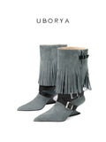 UBORYA Grey Blue Suede Fringe Mid-Calf Boots with Buckle Straps
