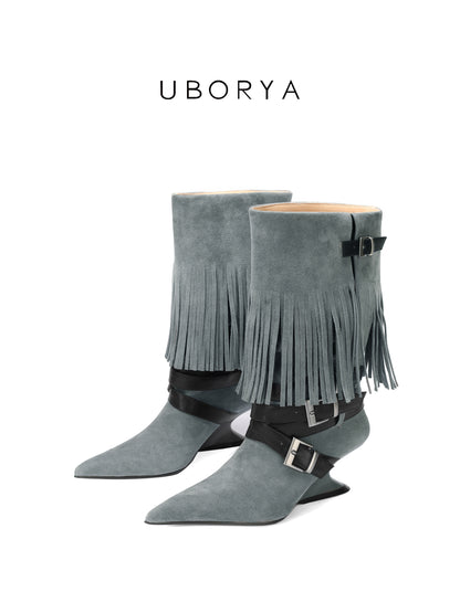 UBORYA Grey Blue Suede Fringe Mid-Calf Boots with Buckle Straps – Sculptural Wedge Heel Boots for Women | Pointed Toe | Western Avant-Garde Booties