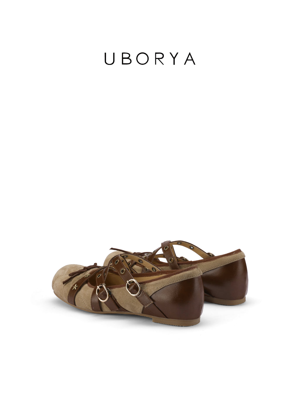 UBORYA Brown Mesh Artisan Woven Mary Jane Flats Double Buckle Tassel