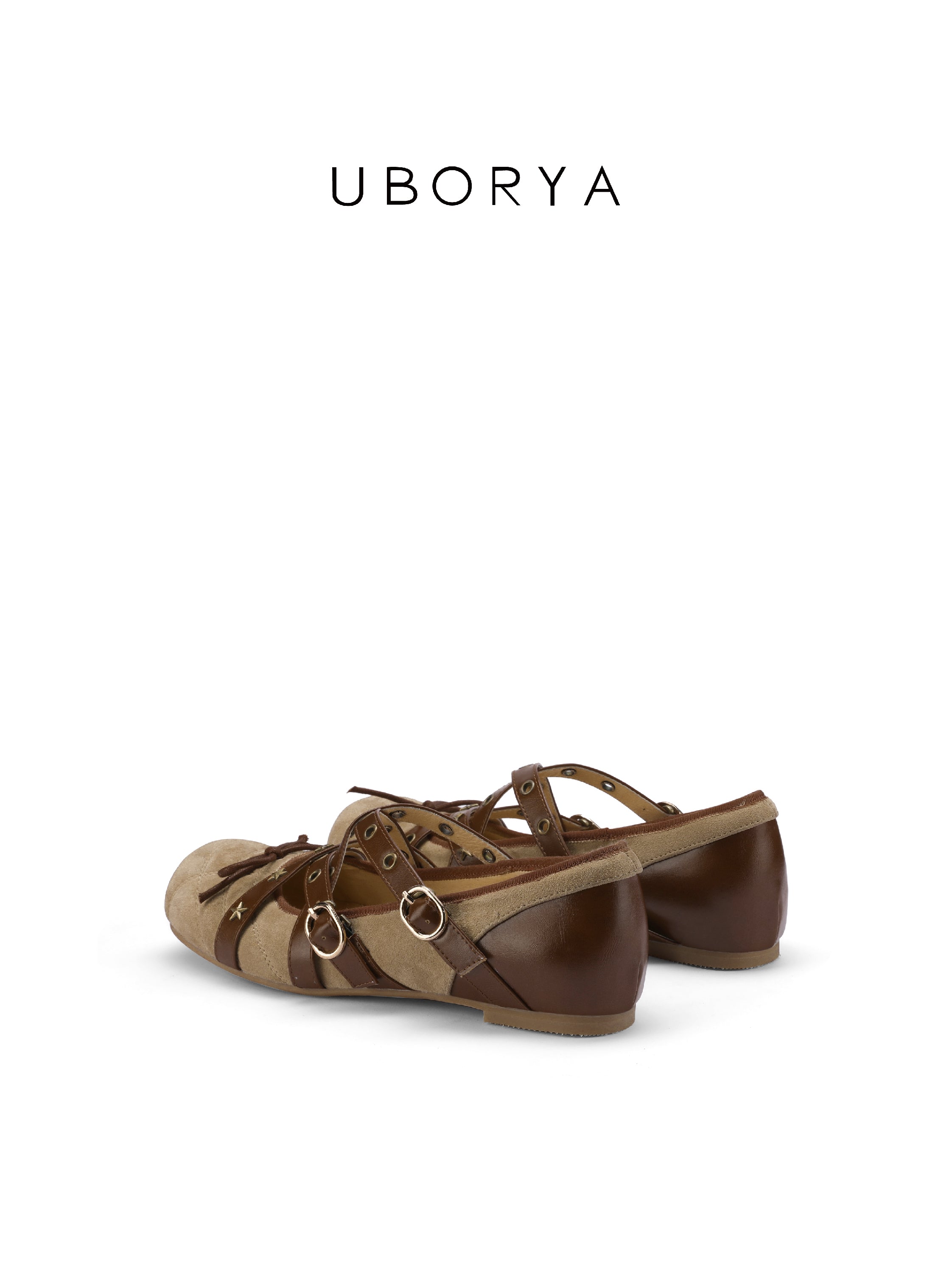 UBORYA Brown Mesh Artisan Woven Mary Jane Flats Double Buckle Tassel