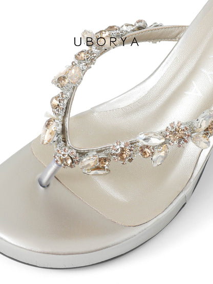 UBORYA Silver Champagne Rhinestone Thong Sandals – Glamorous Platform Heels for Women | 8cm / 3.15in Chunky Heel | Crystal Embellished Straps | Square Toe Slip-On Mules